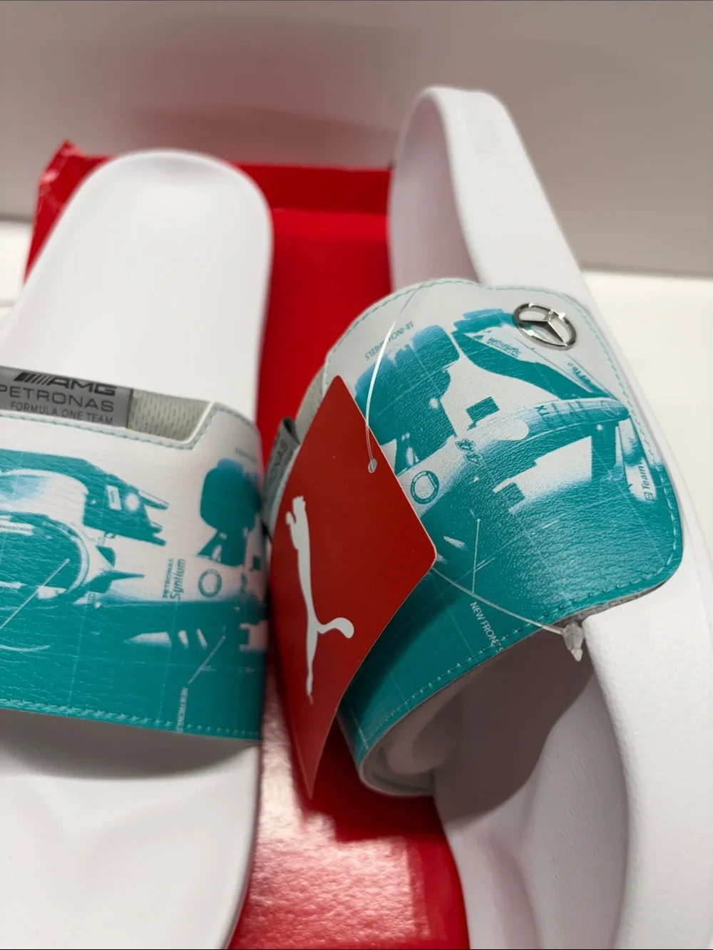 NEW Puma X Mercedes Formula 1 White & Teal Graphic Slide Sandals